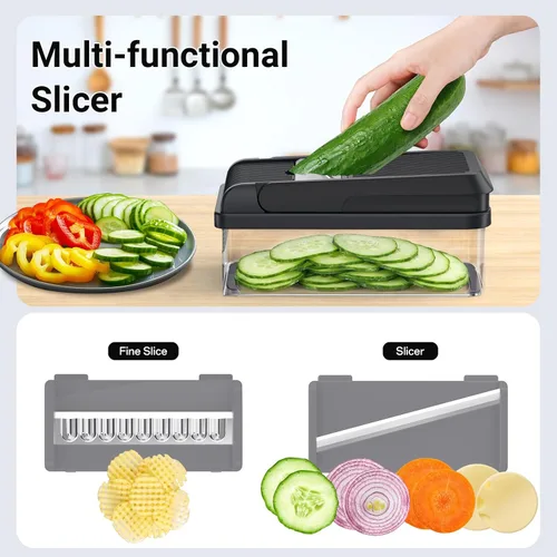 Miniatura 6 de SpaceHacks Picador de verduras 12 en 1, utensilios de cocina con 7 cuchillas, verduras, alimentos, picador de cebolla, rebanador de pepino, Gris