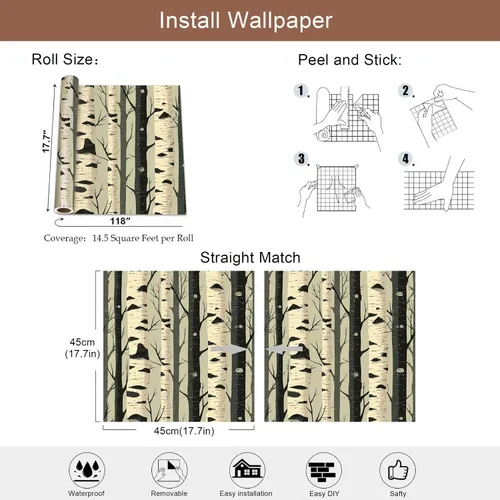 Miniatura 9 de Papel tapiz autoadhesivo de bosque de abedul, papel tapiz rústico de árbol bosque, decoración de pared de naturaleza escandinava para el hogar