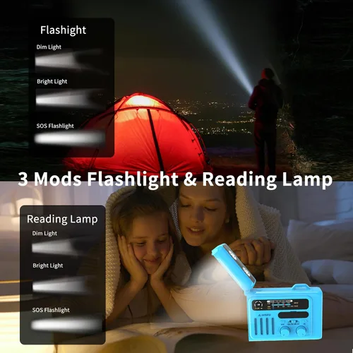 Miniatura 5 de Radio solar de emergencia con manivela, NOAA/AM/FM con linterna LED y lámpara de lectura, USB tipo C/carga solar/manivela, altavoz Bluetooth, alarma