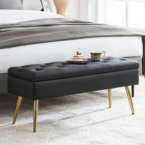 Banco otomano negro para dormitorio, almacenamiento con almacenamiento para el extremo de la cama, entrada, piel sintética, color negro
