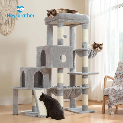 Miniatura 8 de Hey-brother Torre de árbol para gatos, postes rascadores con plataforma grande, 2 condominios, hamaca espaciosa, cesta acogedora, tabla de sisal