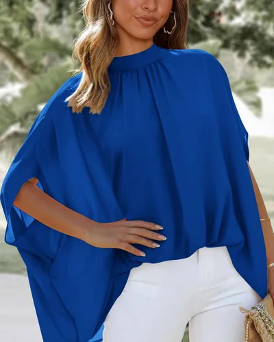 Miniatura 11 de BTFBM Blusas de verano para mujer, cuello alto falso, manga murciélago, holgadas, dobladillo alto y bajo, blusas informales de gran