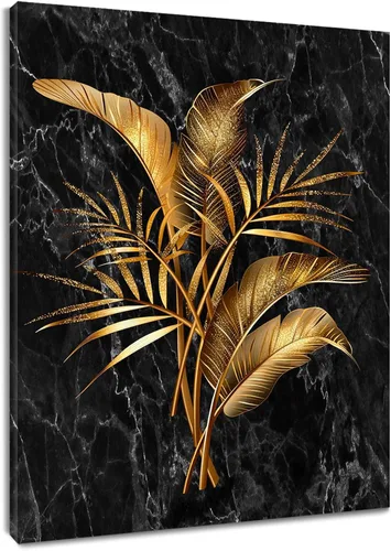 LB Arte de pared de hoja de palma dorada Marco de madera de mármol negro Arte de pared enmarcado Planta tropical geométrica vertical Impresiones en