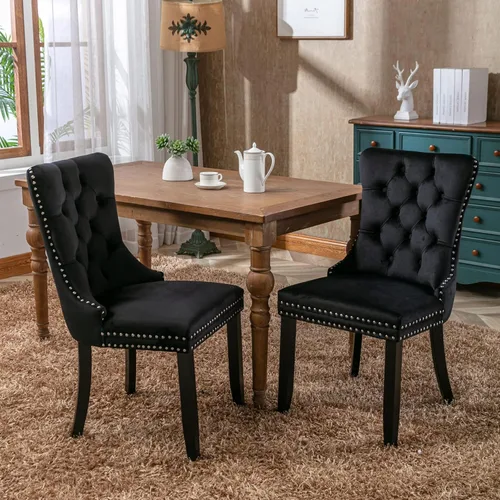 Miniatura 8 de Merax Juego de 2 sillas de comedor de terciopelo tapizadas de alta gama con anillo trasero de clavo, patas de madera maciza, asiento de espuma
