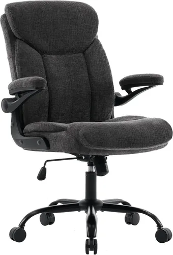 Miniatura 9 de Silla de Oficina Ejecutiva, Silla de Computadora Cómoda de Tela Ergonómica con Reposabrazos Abatibles, Soporte Lumbar, Función de Giro 360° y Gris