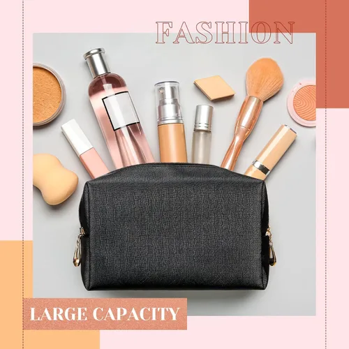 Miniatura 2 de 20 bolsas de maquillaje de piel sintética con cremallera, bolsas de maquillaje impermeables, contenedor de belleza para mujeres, regalos de Negro