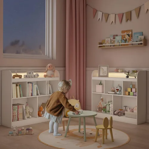 Miniatura 3 de Lkeiyay Estantería abierta para niños, organizador de juguetes Montessori con luces LED, estantería abierta de madera blanca para niños, dormitorio