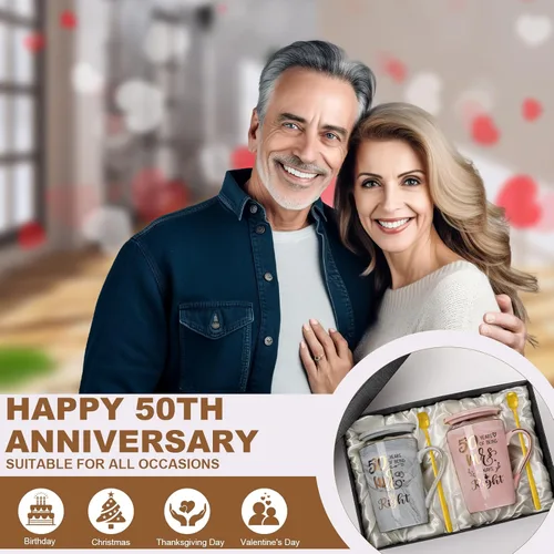 Miniatura 7 de Biching 50 aniversario de boda para parejas, tazas doradas del 50 aniversario para padres, abuelos, tazas de 14 onzas con cucharas, tapas, tarjeta