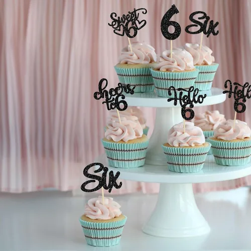 Miniatura 6 de 30 piezas Adornos para pastel de cumpleaños de 6 años, seis brillos, hola 6, púas para cupcakes, felicitaciones a los 6 años, decoraciones