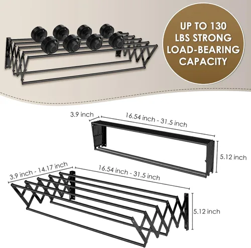 Miniatura 2 de XL-31.5'' Tendedero de Ropa Montado en la Pared, 130 lbs Gran Capacidad Antioxidante Retráctil Plegable Tendedero Fácil Instalación con 7 Varillas