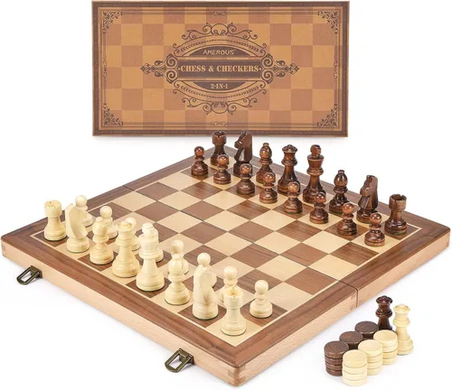 Miniatura 7 de AMEROUS Juego de ajedrez y damas de madera de 15 pulgadas con piezas de ajedrez ponderadas mejoradas - 2 reinas extra - 24 piezas de damas