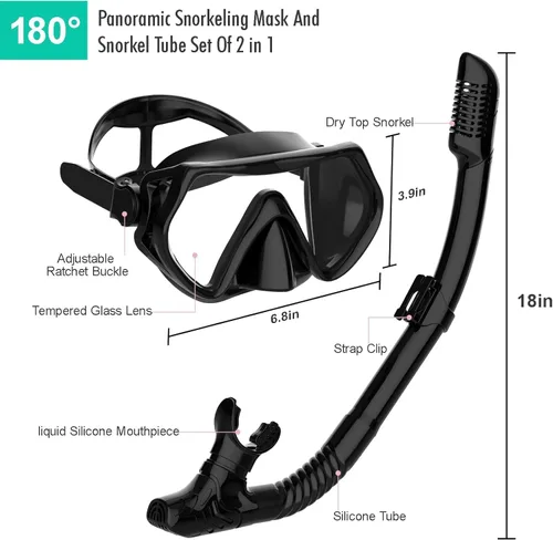 Miniatura 5 de Equipo de esnórquel para adultos, juego de máscara de esnórquel JRing con vidrio templado de 180 grados, gafas antivaho para buceo, esnórquel
