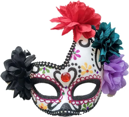 Miniatura 6 de GREUS Máscara de calavera de azúcar para mujer, máscara del Día de los Muertos mexicano, máscaras de flores para disfraz de Halloween, fiesta