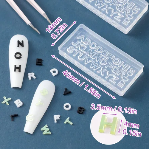 Miniatura 2 de 6 juegos de moldes de silicona con letras 3D, moldes de resina transparente del alfabeto, 26 alfabetos A-Z para dijes de arte de uñas, colgantes