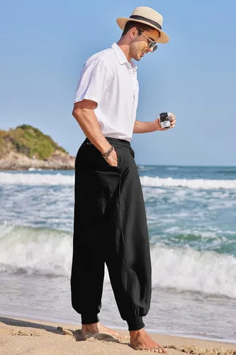 Miniatura 4 de COOFANDY Pantalones de harén hippie para hombre, holgados, de lino, bohemio, para yoga, casual, con entrepierna caída, pantalones