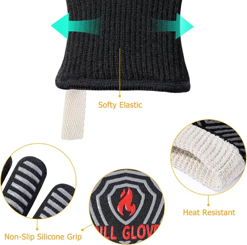 Miniatura 6 de QUWIN Guantes para BBQ, Guantes de Horno 1472℉ Resistentes al Calor Extremo, Guantes para Parrilla de Silicona Antideslizantes Manoplas de Horno