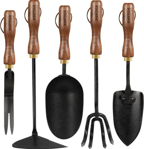 ROYTOA Juego de herramientas de jardín, 5 herramientas de jardinería, cultivador manual de acero inoxidable, azadas, pala, paleta y desbrozadora con