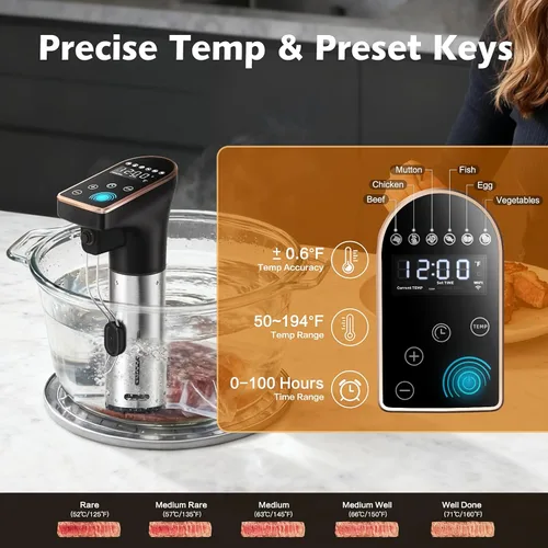 Miniatura 5 de Sous Vide - Cocina de precisión de 1300 W, WiFi 2.4, circulador de inmersión silencioso con motor sin escobillas, IPX7 totalmente impermeable, 6 NI