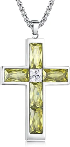 Miniatura 15 de Collar de cruz con piedra de nacimiento para hombre, collar de cruz de acero inoxidable 316L con colgante de cruz de circonia cúbica para mujer