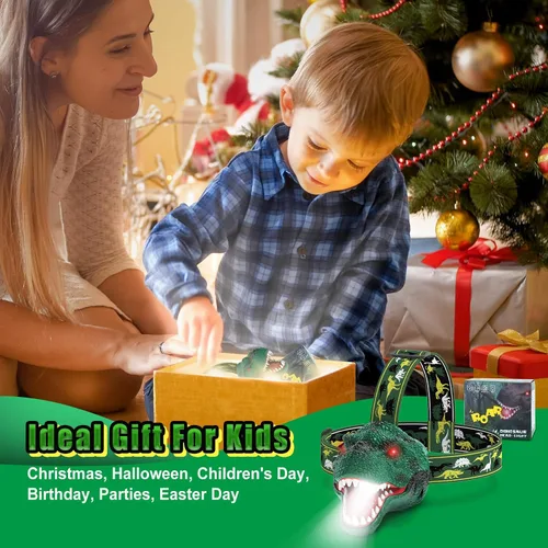 Miniatura 5 de Nitigo Linterna Frontal de Dinosaurio para Niños Linterna Paquete de 2, Linternas Frontales LED Recargables Modo Rugido y Silencioso, Juguetes