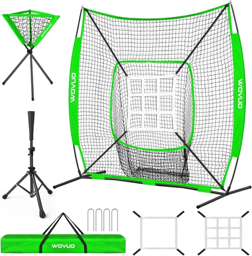 Miniatura 10 de Red de 7x7 pies de béisbol para bateo, lanzamiento y golpeo, red de sóftbol con zona de golpeo, base, carro de pelotas, equipo de entrenamiento