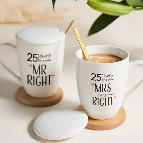 Miniatura 9 de AW BRIDAL Juego de 2 tazas de café novedosas para el 25º aniversario de boda, regalo de Navidad, para el señor y la señora, de 12 onzas, regalos