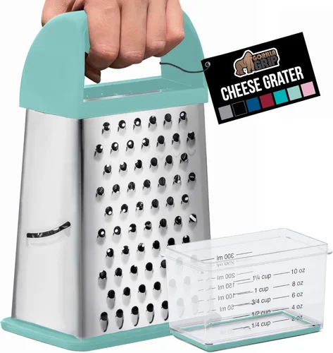 GORILLA GRIP® Rallador de queso XL de acero inoxidable de 4 lados con recipiente de medición, rallador de caja sin BPA, base antideslizante, rallar