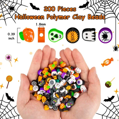 Miniatura 2 de 200 cuentas de arcilla polimérica de Halloween, cuentas espaciadoras Heishi mixtas para mujeres, pulseras, aretes, collares, fabricación de joyas