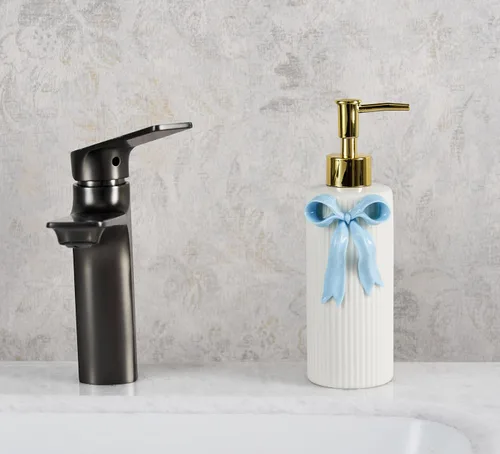 Miniatura 5 de Dispensador de jabón de cerámica hecho a mano, dispensador de líquido de loción para manos, recargable para decoración de cocina y baño (azul cinta)