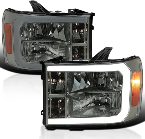 SPEC-D TUNING Faros ahumados con barra LED Compatibles con GMC Sierra 1500, 2500HD, 3500HD 2007-2013, Juego de lámparas delanteras izquierda + Lente