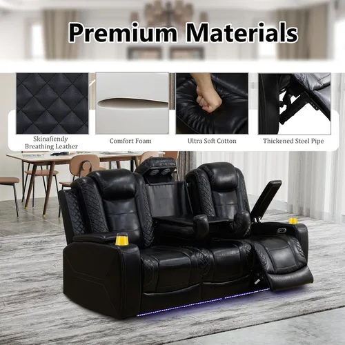 Miniatura 8 de Juego de 3 piezas para sala de estar, sofá reclinable eléctrico de cuero con puertos USB, iluminación LED y portavasos, asientos de cine en casa