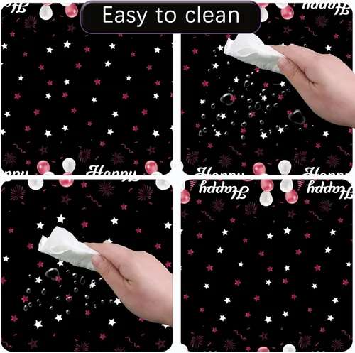 Miniatura 5 de MRJ Black Party Supplies - Paquete de 3 manteles de feliz cumpleaños con estrellas rosas y negras, decoraciones perfectas para fiestas de cumpleaños