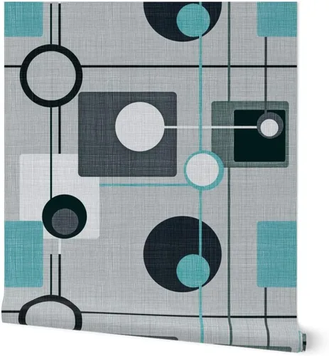 Papel tapiz para despegar y pegar – Orbs Squares Grey Aqua Black White Vintage Blue Retro Circles Papel pintado personalizado extraíble por