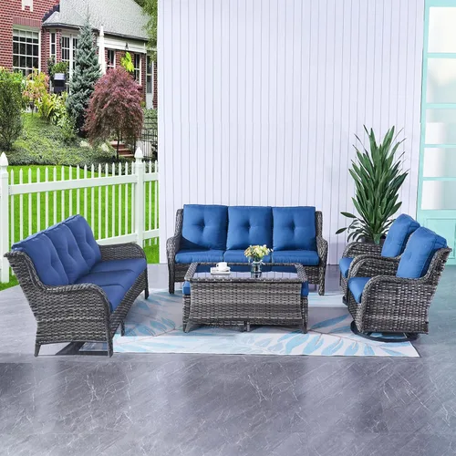 Miniatura 67 de HUMMUH Sillas Mecedoras Giratorias de Mimbre para Patio Exterior con Respaldo Alto, Sillas Deslizantes de Ratán PE, Juego de Muebles de Patio de 4