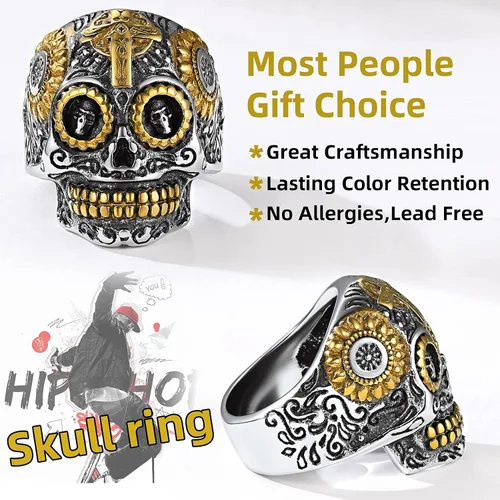 Miniatura 4 de Anillos de calavera de azúcar para hombres y mujeres, acero inoxidable de dos tonos, anillo de motociclista para hombre, joyería de Halloween