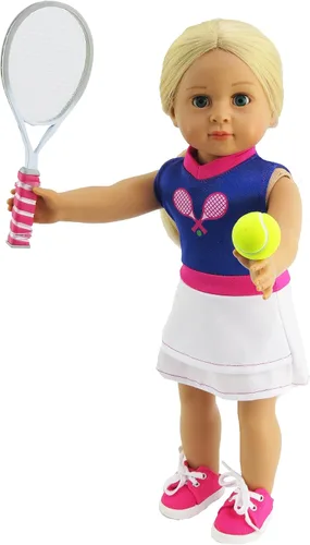 Miniatura 4 de American Fashion World Conjunto de tenis morado y blanco para muñecas de 18 pulgadas Juego de 5 piezas Calidad premium y diseño moderno Ropa