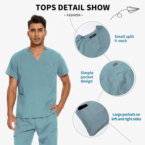 Miniatura 2 de VIAOLI Conjunto de ropa quirúrgica para hombre con cuello en V y pantalón deportivo, 8 bolsillos con botones de carga, conjuntos de liquidación