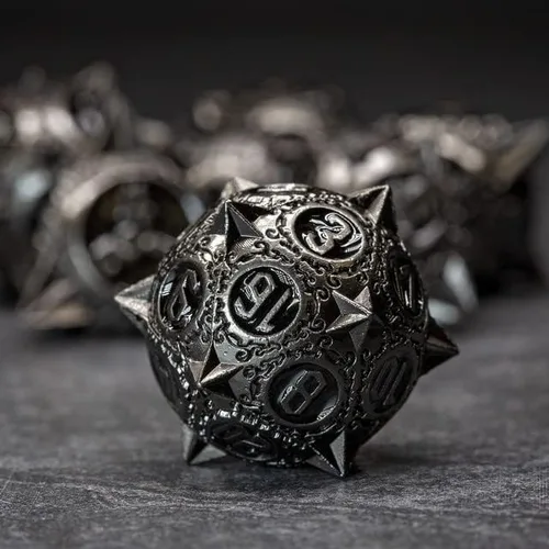 Miniatura 10 de Sage's Portal Enchanted Morning Stars - Juego de 7 dados poliédricos de metal con pinchos para Dungeons and Dragons TTRPG Pathfinder Negro/Oro/Sangre