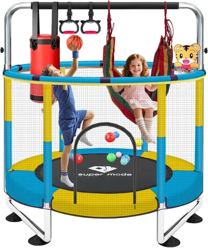 Trampolín de 55 pulgadas para interiores y exteriores para niños con recinto, trampolín para niños pequeños con barra de gimnasia ajustable y Azul
