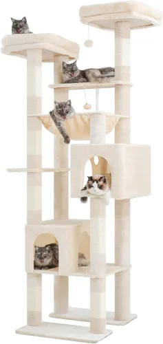 Miniatura 8 de Hey-brother Torre de árbol alto para gatos, postes rascadores resistentes con plataformas grandes, condominios acogedores, hamaca grande, bolas