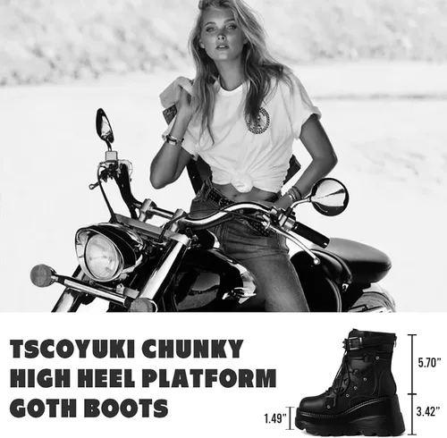 Miniatura 4 de Tscoyuki Botines de plataforma para mujer, botines de tacón alto gruesos, botas de combate góticas, botas de combate para mujer, con cordones, cuñas