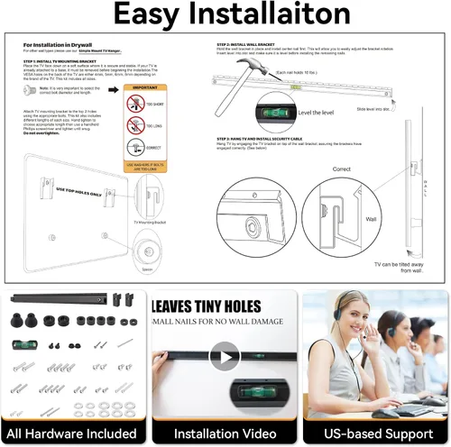 Miniatura 7 de Soporte de pared para TV sin tachuelas, soporte de pared de yeso para TV de 22 a 55 pulgadas, colgador de TV de perfil bajo con carga máxima de 100