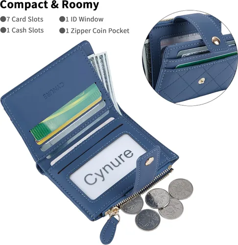 Miniatura 41 de Cartera de cuero para mujer, pequeña, compacta, plegable, con bolsillo para monedas con cremallera