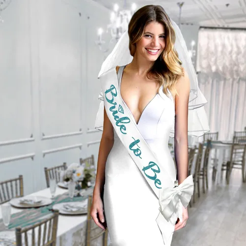 Miniatura 10 de Something Blue Gift for Bride To Be Sash - Banda de satén de grado nupcial - Decoraciones de despedida de soltera azul turquesa, Juego de 2 piezas