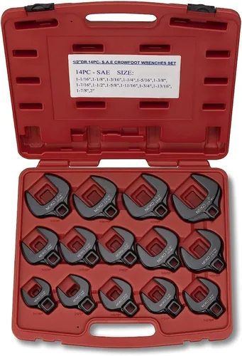 Neiko 03325A Juego de llaves SAE Crowfoot de 1/2 pulgada, tamaño jumbo, Cr-Mo, 1-1/16 pulgadas - 2 pulgadas | Juego de 14 piezas