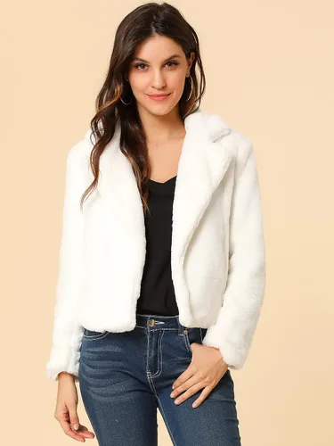 Miniatura 2 de Allegra K Chaqueta corta de piel sintética para mujer, cárdigan con solapa, abrigo de piel sintética esponjosa para invierno 2023