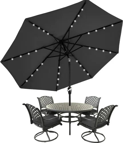 MASTERCANOPY Sombrilla de patio con 32 luces LED solares y 8 varillas (9 pies, gris oscuro)
