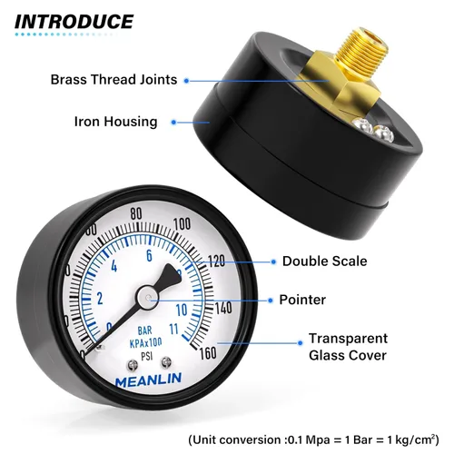 Miniatura 3 de MEANLIN MEASURE Manómetro de presión de bomba de pozo NPT de 0-160 Psi con cara de dial de 2 pulgadas, con buje hexagonal NPT de 1/4 pulgadas y buje