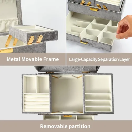 Miniatura 4 de Dajasan Velvet Jewelry Boxes Women Jewelry Organizer Box 3- Layer Large Jewelry Storage Case for Birthday Mothers Day Valentines Day Grey