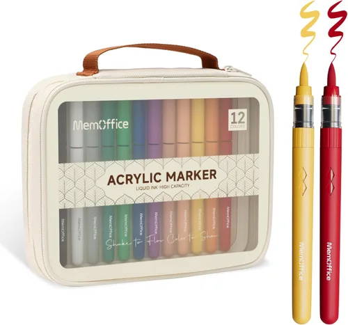 MemOffice Marcadores de pintura acrílica líquida directa, 12 colores con punta de pincel con estuche de transporte, no se corren, impermeables, para